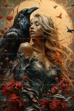 MORRIGAN AND RAVEN ART PRINT, Witchy Gothic Poster, Wall Decor Crow Pagan D292