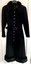 Wallis Elegant Vintage 1950's Long Black Coat With Real Fur Trim - Free Post Uk