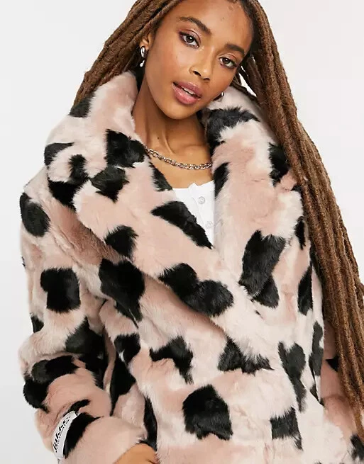 JAKKE Heather Pink Black HEART Print Faux Fur Mid Length Coat