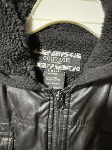 Courage Clothing Co Boys Faux Leather Hooded Jacked Size L 14/16 Black - Picture 8 of 9