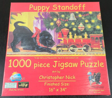 SunsOut Puppy Standoff Jigsaw Puzzle 1000 Piece Christmas Dog vs Train Set