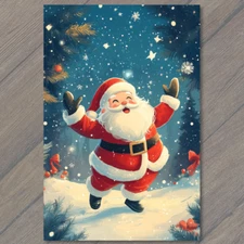 Art Print  Santa Claus Jumping Snowflakes Cute Holiday Christmas Festive Season