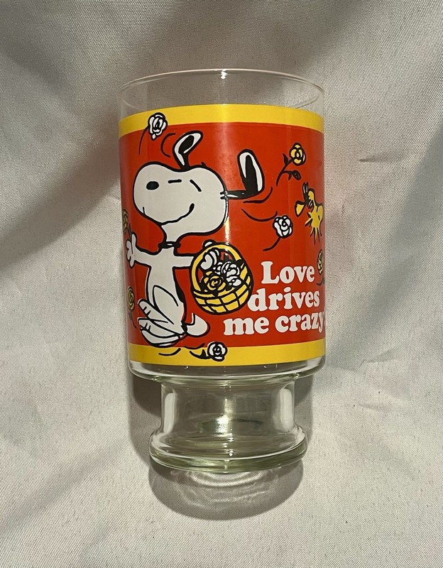 Peanuts Snoopy Woodstock "Love Drives Me Crazy" Pedestal Drinking Glass 1965