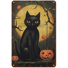 Vintage Halloween Black Cat Sculpture Tin Metal Signs Home D cor 8x12 Rectangula