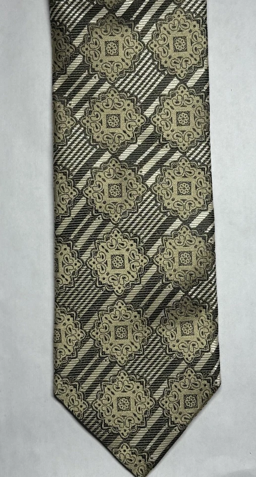 Corbata de alta densidad, 100 % seda, hecha a mano, dorada y negra, geométrica y a rayas Foto 2 de 4