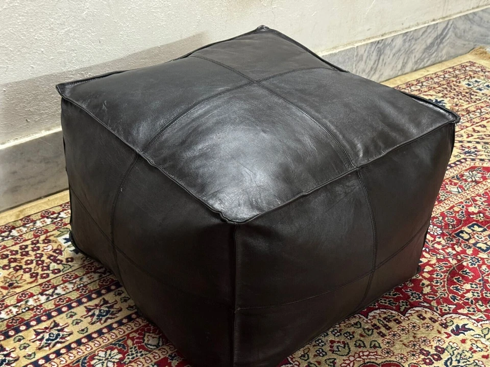 Unstuffed Leather MoroccanOttoman New 20''Handmade Genuine Pouffe Boho Footstool - Image 3 of 4