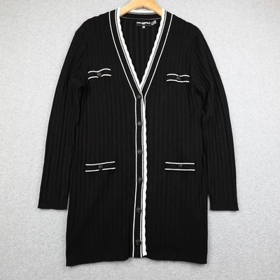 Karl Lagerfeld Paris Black Ribbed Knit Button Cardigan Sweater L Dress Old Money