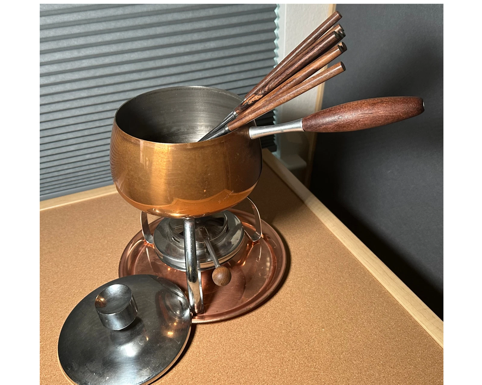 Vintage Copper Fondue Set 13 Pc Stand Burner Lid Tray 8 Forks MCM USA
Opens in a new window or tab