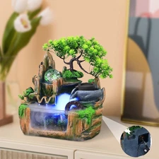 Indoor Water Fountain W/LED Lamp Tabletop Waterfall Mist Rockery Feng Shui Decor
