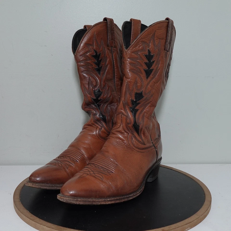 Botas de Vaquero Dan Post De Colección Hombres 12D Marrón Negro Incrustación Cuero Puntera Cortada Occidental Foto 4 de 4