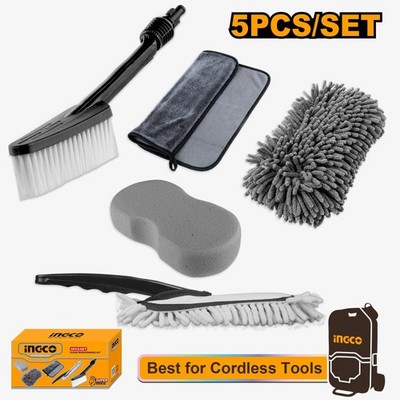 INGCO 5-teiliges Clean Maintenance Kit Autowaschhandtuch, Handschuh, Schwamm, Mopp & Bürste