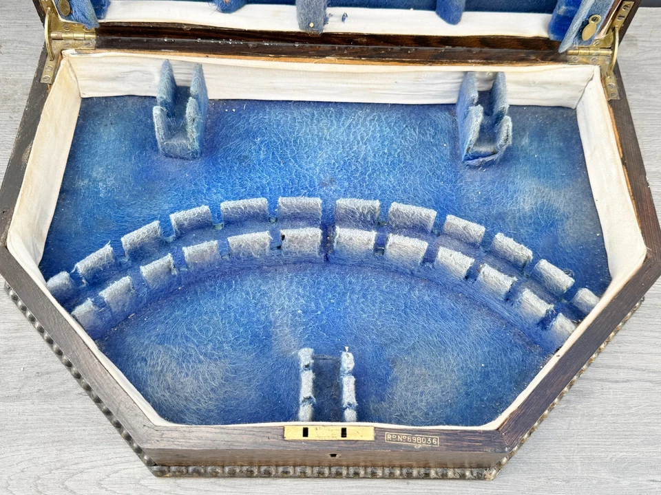 ANTIQUE WOODEN CUTLERY STORAGE BOX BLUE LINED INTERIOR OCTAGONAL LOCK CASE - Image 4 of 4