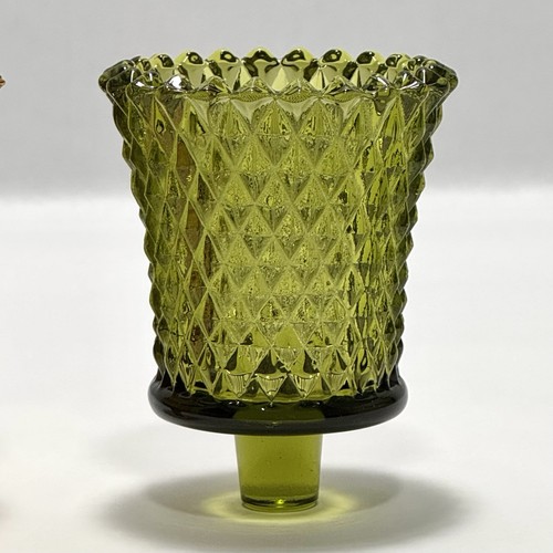 2 Vintage Glass Diamond Point Votive PEG Candle Holders Amber Avocados Green - Picture 8 of 12