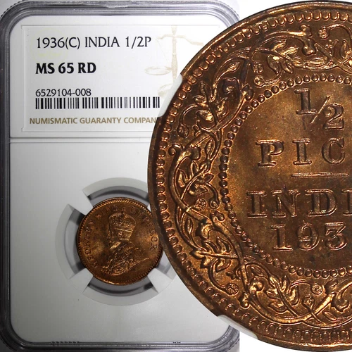 India-British George V Bronze 1936 (C) 1/2 Pice NGC MS65 RD LAST DATE KM#510 (8)