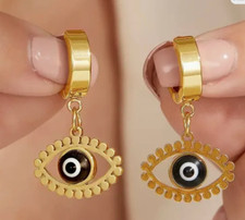 Evil Eye Drop Hoop Dangle Earrings Black and Gold, Boho Cool Jewelry minimal