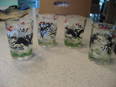 Vintage Set of 4 English Fox Hunt Libbey Glass 4oz Tumblers/Shot Glasses Barware