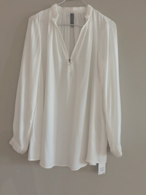 $330 Marc Cain women's ruffled crew neck w/zipper silk long sleeve blouse sze N2