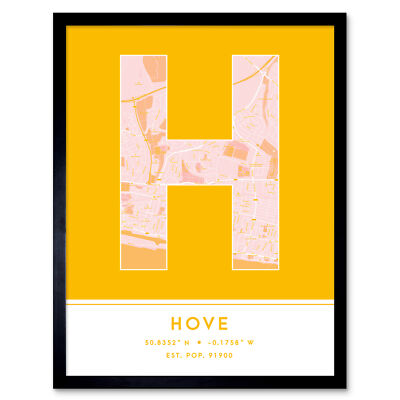 Hove England Vereinigtes Königreich Stadtplan Typografie gerahmter Wandkunstdruck 12 x 16 Zoll