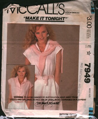 7949 Vintage McCalls SEWING Pattern Misses 1980s Buttoned Top Notch Shawl Collar