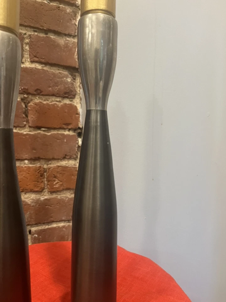 Crate and Barrel Metal Nickel Gray Taper Pair Candle Holders Candlesticks MCM - Image 4 of 4