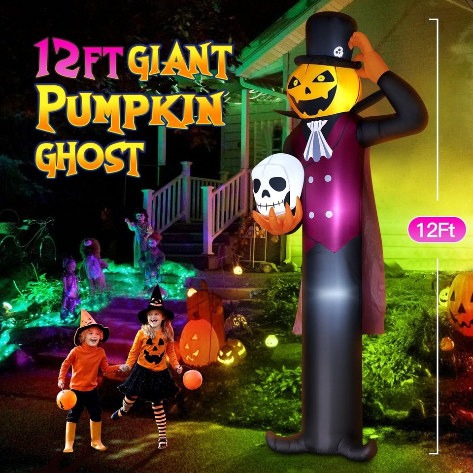 12FT Giant Halloween Inflatables Decorations Pumpkin Vampire Holding