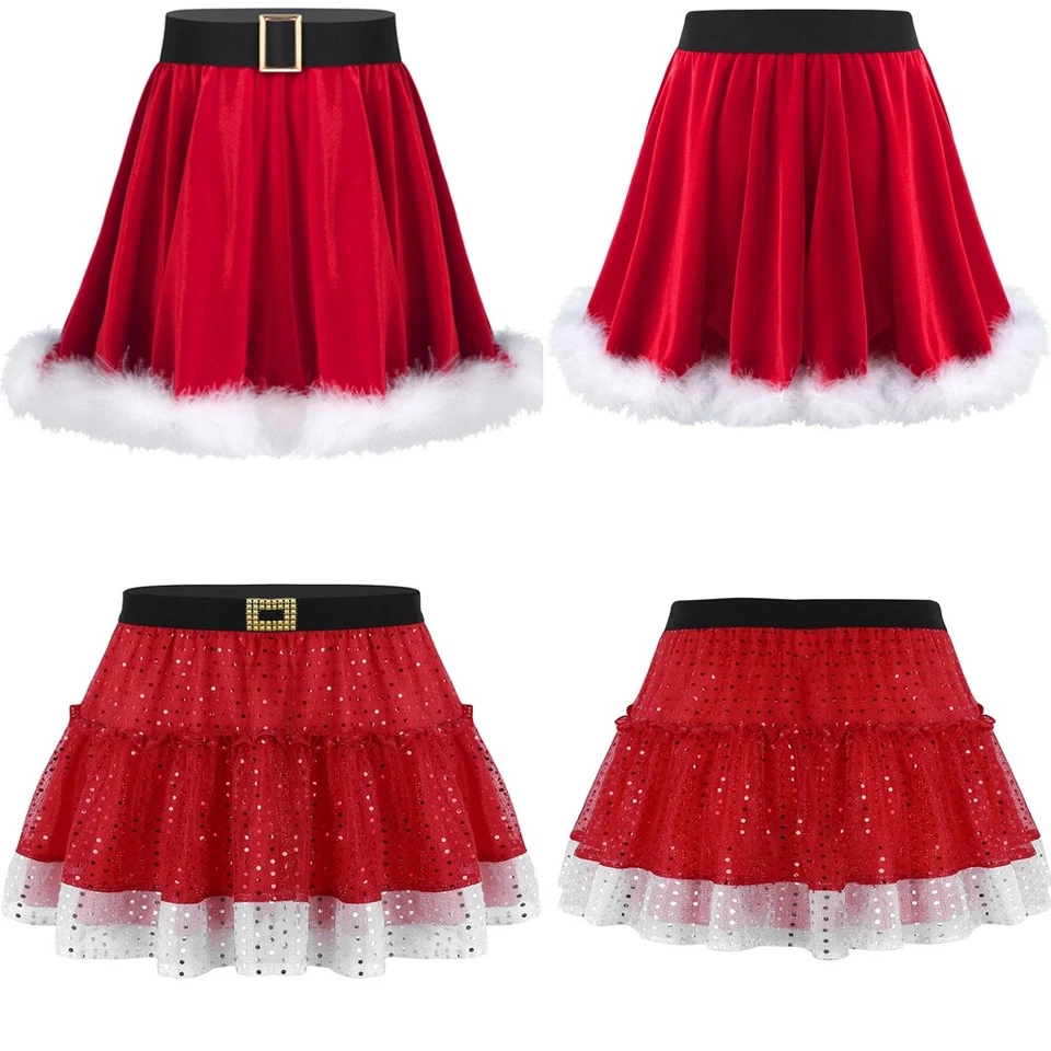 Niñas Navidad Patinadora Falda Patinadora Papá Noel Disfraces Navidad Juegos con disfraces Fiesta Vestido Elegante Foto 2 de 3