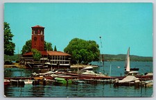 Vintage Postcard NY Chautauqua lake Miller Bell Tower Boats Docks Chrome ~8564
