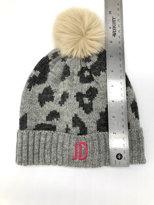 Mark and Graham Kids Faux Fur Pom Pom hat JD mono Gray Leopard READ NO TAGS BB