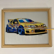 Framed Renault Megane Rally Car Art Print 35x45cm 1990s Motorsport Illustration