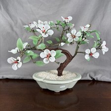 Vintage Jade And White Quartz Flower Bonsai Tree. 9 1/2  Tall  10  Wide