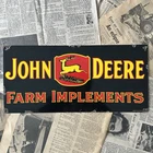 VINTAGE JOHN DEERE FARM IMPLEMENTS CHICAGO 18X8.5 INCHES PORCELAIN ENAMEL SIGN