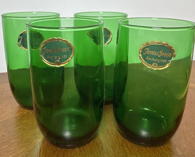Set of 4 Anchor Hocking Forest Green Roly Poly 8oz Glasses Tumblers with Labels