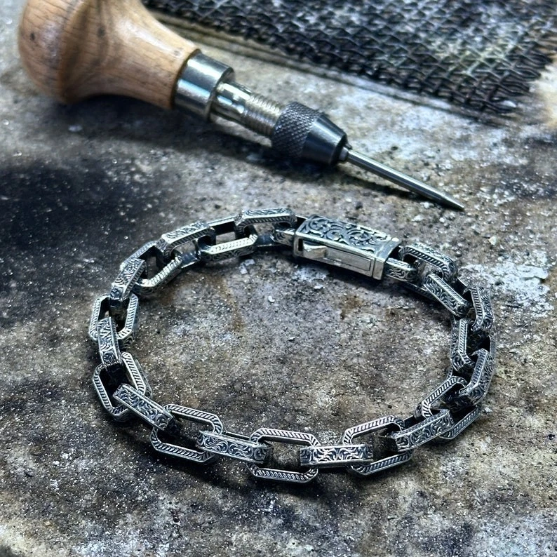 Mens 925 Sterling Silver Oxidized Curb Chain Bracelet Hand Engraved Jewelry - Image 2 of 4