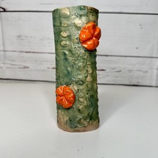 Amy Meya made in USA Art pottery green with orange flowers Bud vase