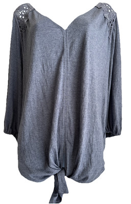 Max Studio Womens Sz 2X  Ecru Blue Tie Waist V-Neck Blouse Lace Sexy Comfy New