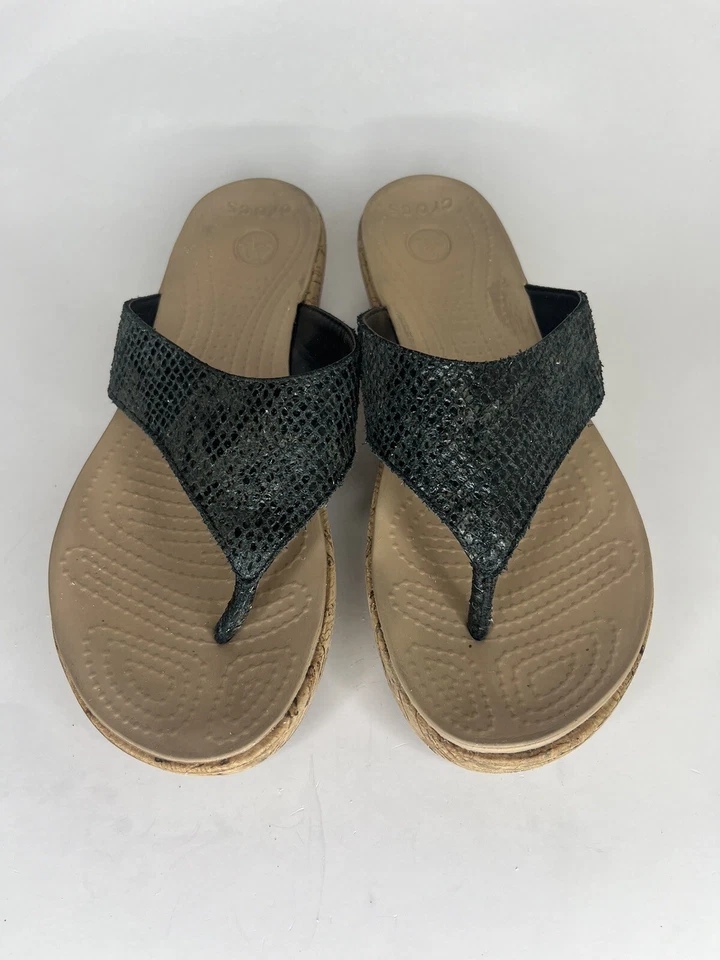 Crocs Sandals Flip Flops Women Size 9 Black Leather Upper - Image 2 of 4