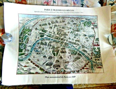 LOVELY PICTORIAL MAP OF MONUMENTS OF PARIS FRANCE 1889 PARIS A TRAVERS LES SIECL