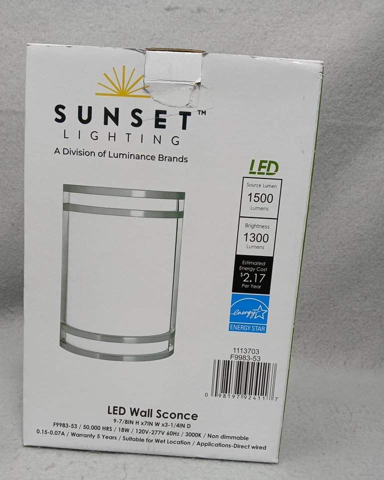 Aplique de pared LED Sunset Lighting F9983-53 cableado directo 8"x7"x4" Energy Star nuevo en paquete Foto 2 de 4
