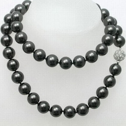 2 Reihen 10 mm schwarze Muschel Perle 18 kgp Kristall Kugelverschluss Damen Mädchen lange Halskette - Bild 1 von 3