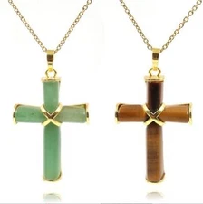 Natural Amethyst Jade Unakite Lapis Lazuli Gemstone Gold Plated Cross Pendants