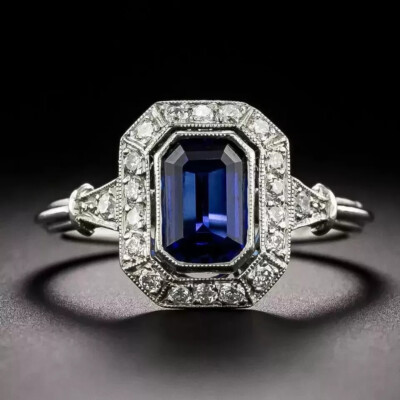 Vintage Style 3Ct Emerald Cut Created Sapphire Women Ring 14K White Gold Finish