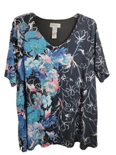Catherines Short Sleeve Top Black Floral V-Neck Beaded Thermal Women's Size 0X