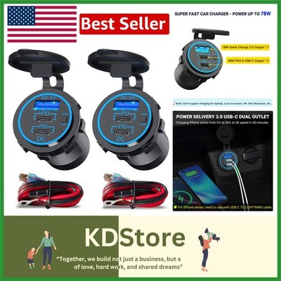 Dual 78W USB-C Car Charger Socket Pack with Fast Charging & Waterproof Design