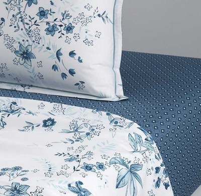 Yves Delorme SYLVE Queen Fitted Sheet Organic Cotton Geometric Teal Blue White