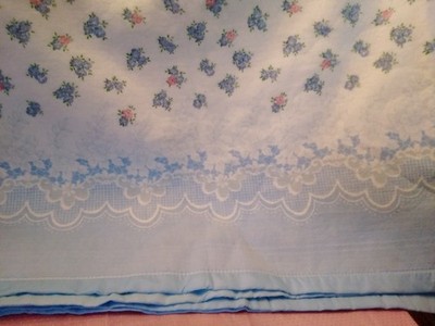 Vintage Floral Blanket Blue Satin Trim Cottage NOS 70x90