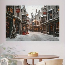 1pc Christmas Snowy Townscape Backdrop - Cozy Winter Scene with Snowflakes Lit