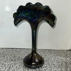 Vintage Fenton Carnival Blown Glass Fan Top Tall Vase. Black Iridscent 11"
