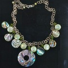 Sterling Coin Pearl Necklace Peridot Abalone Choker 16"
