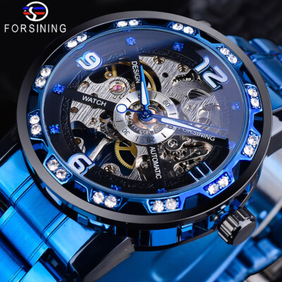FORSINING Men's Stainless Steel Watch Luxury Diamond Skeleton Mechanical Watches