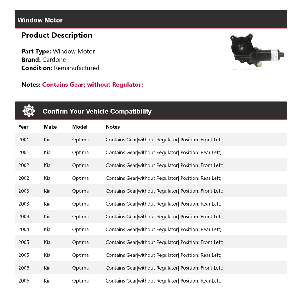 Para Kia Optima 2001-2006 Ventana Motor Cardone 2002 2003 2004 2005 Foto 2 de 4